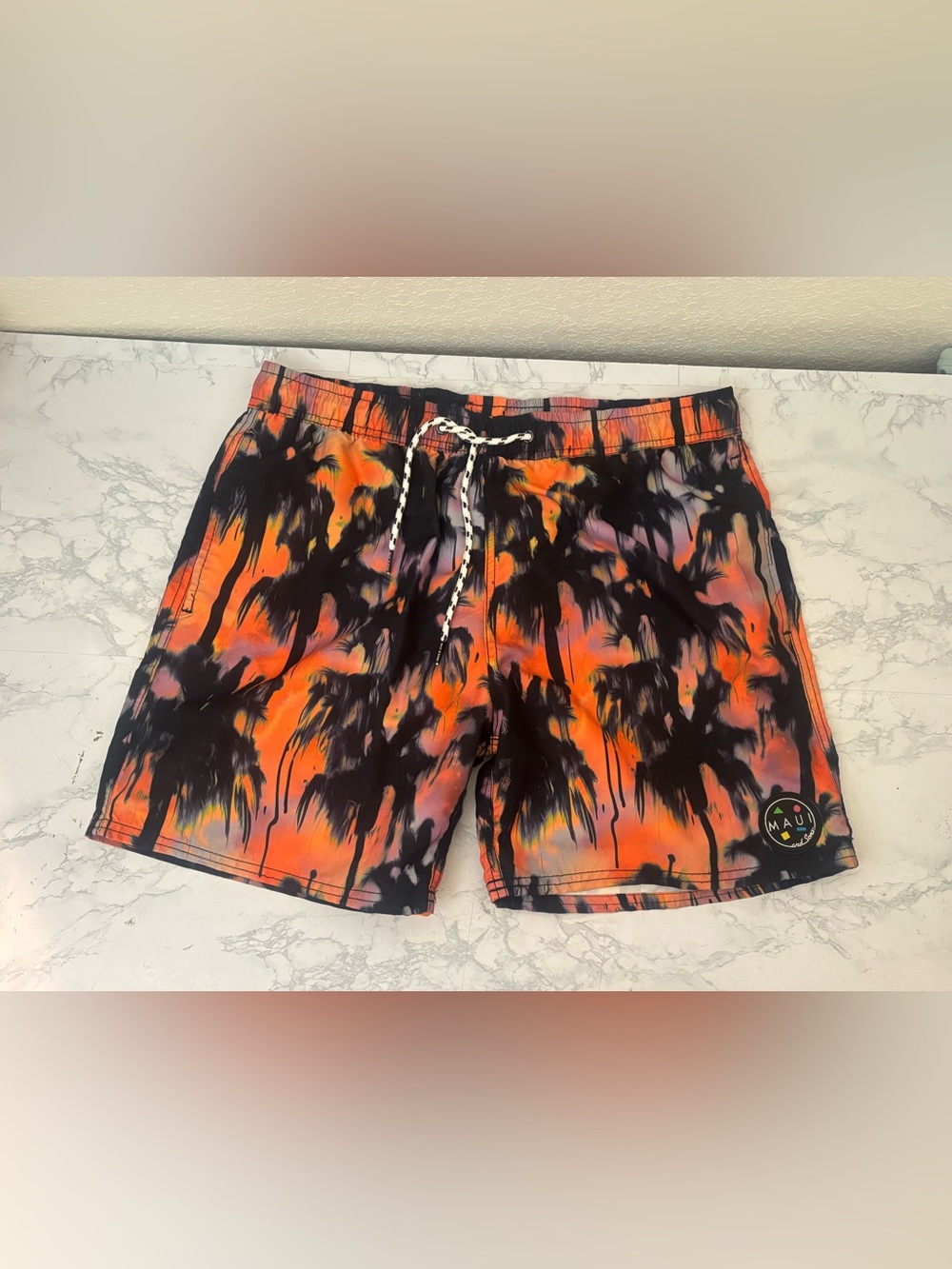 Maui and Sons Mens Board Shorts Sz L Floral Orange Surf Swim Trunks Palm Tree